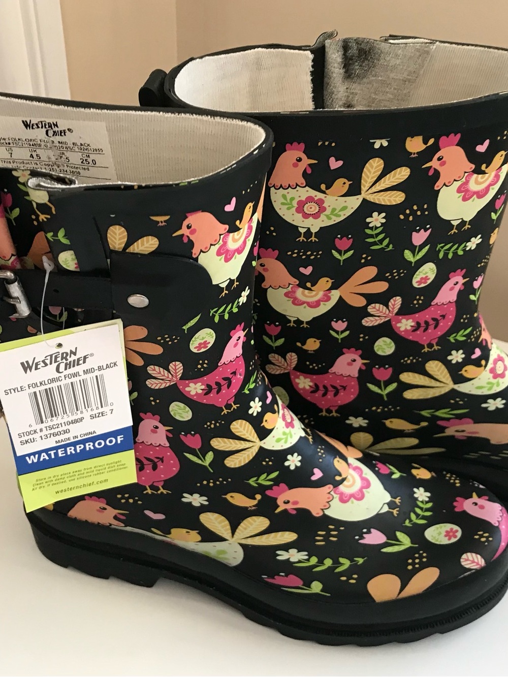 Western Chief Black Floral Folk Chicken Rain Boots with Pink & Cream Accents